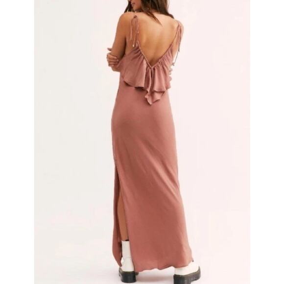NWT Free People Hadley Satin Ruffle Maxi Slip Dress Small Cocoa Brown Silky - Picture 2 of 11